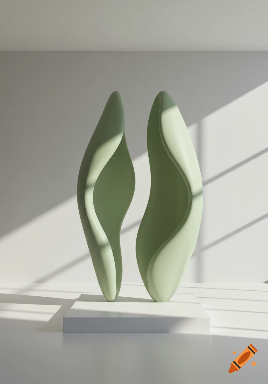 Two light green, biomorphic sculptures on a white pedestal in a minimalist room with strong sunlight and shadows.