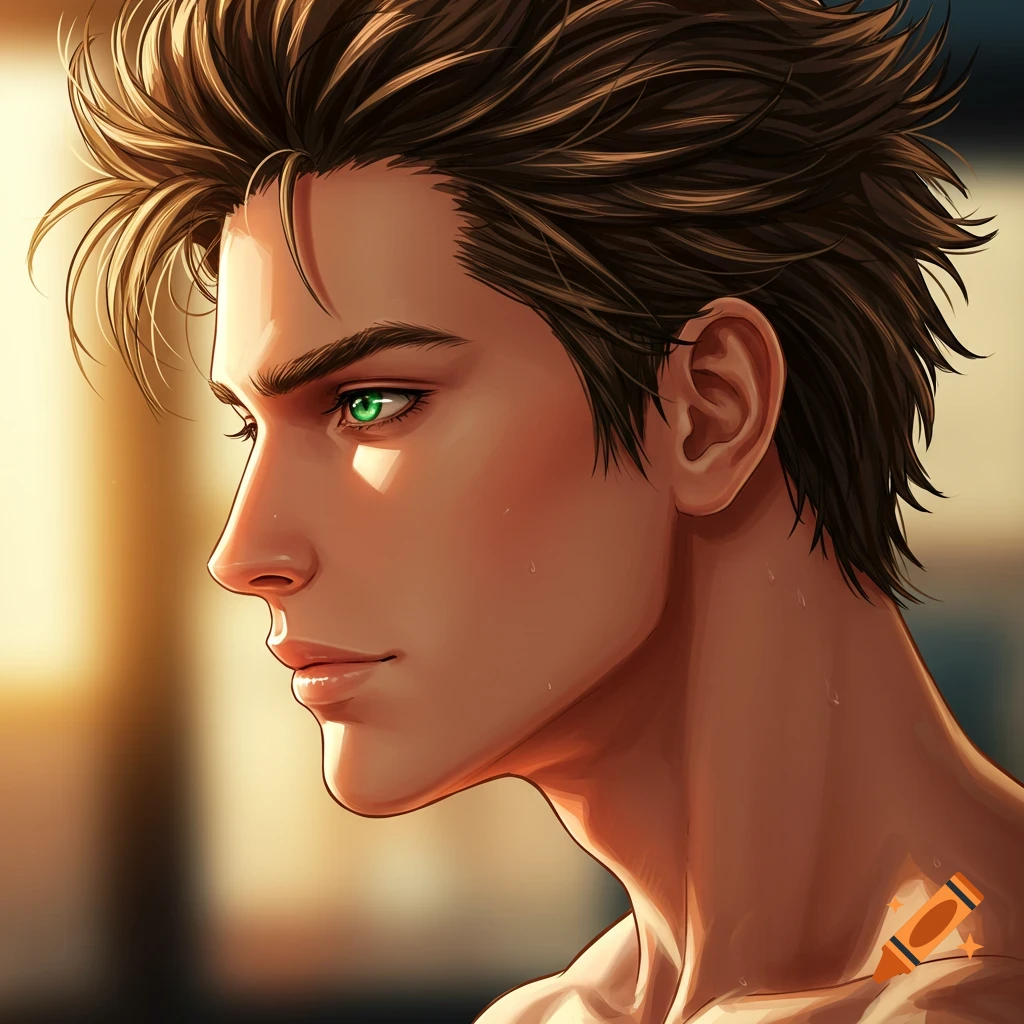 Close-up profile of a handsome anime-style male with dark blonde hair and striking green eyes, looking right, with soft background light.