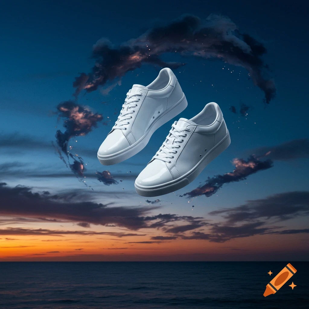 Two white sneakers float against a dramatic sunset sky over an ocean with dark, sparkling clouds.
