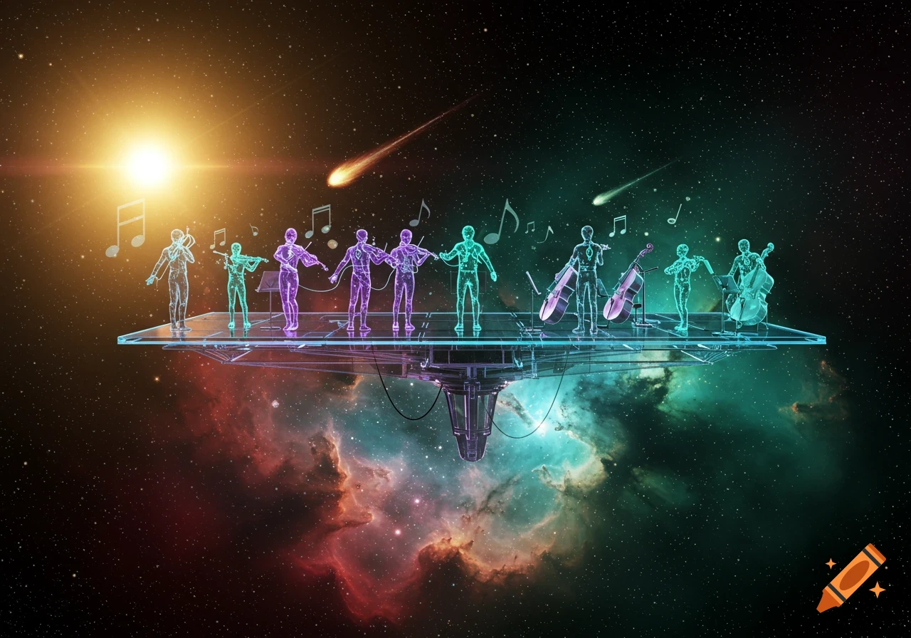 Glowing, wireframe-like figures form an orchestra on a futuristic platform, playing instruments in a vibrant, star-filled nebula space scene with a bright sun and meteors.