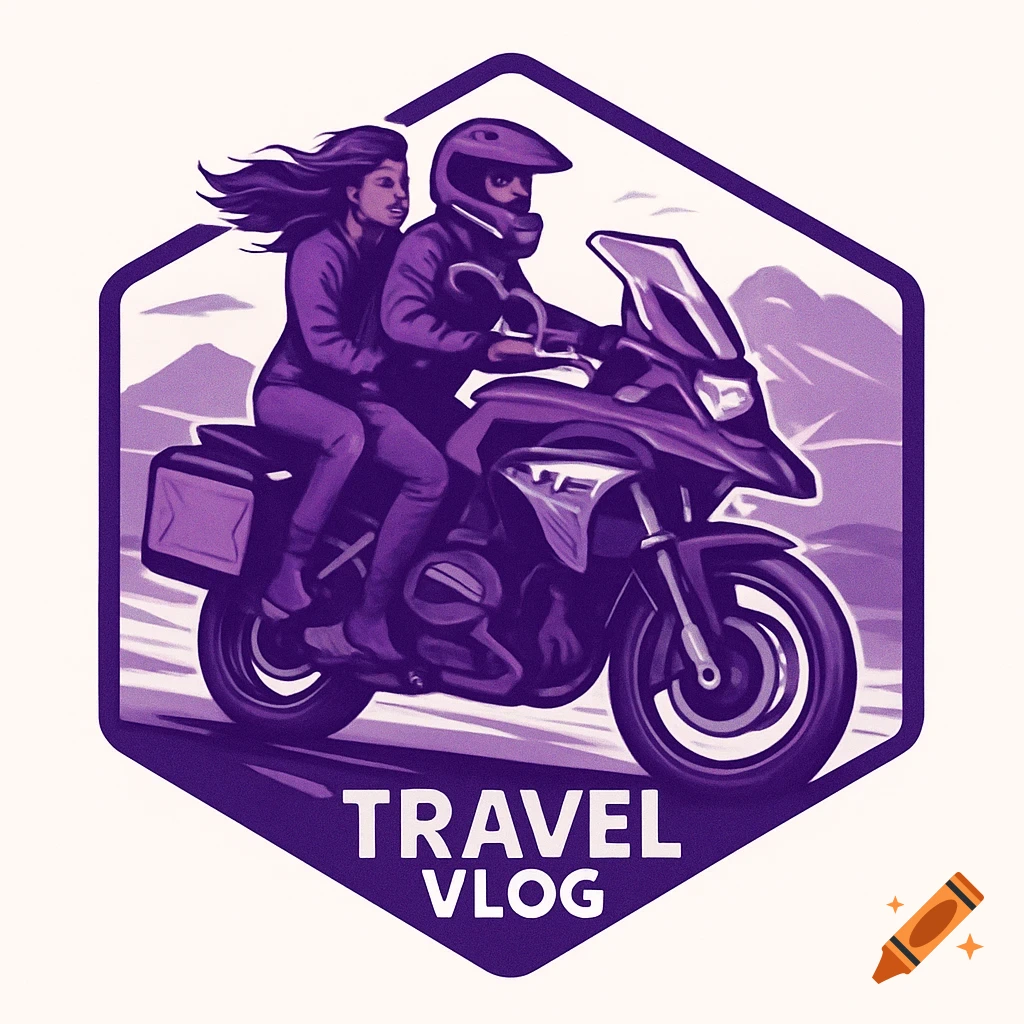 A stylized purple hexagonal logo features a man driving a motorcycle with a woman as a passenger, against a mountainous background, with "TRAVEL VLOG" text.