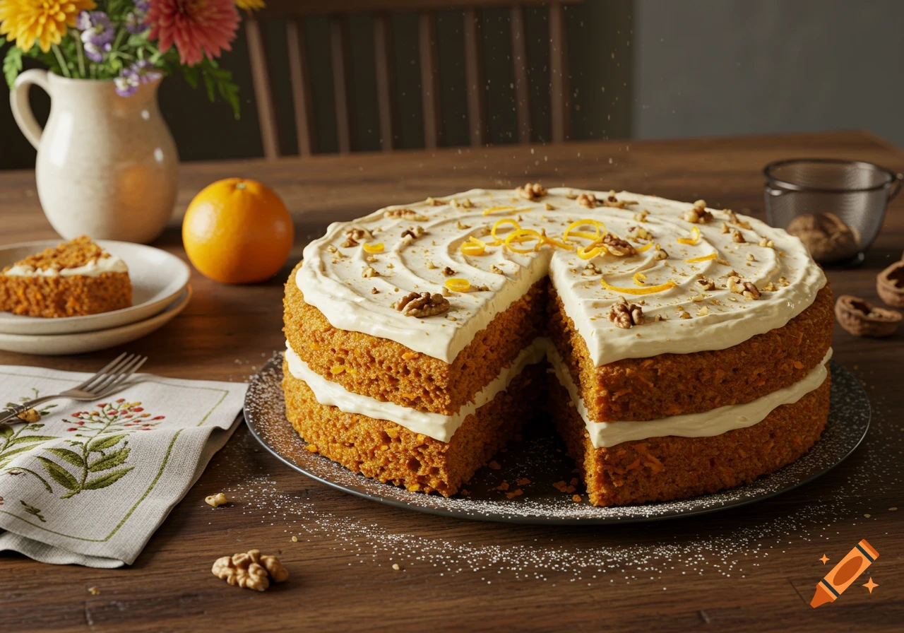 Photorealistic three-layer carrot cake with cream cheese frosting, walnuts, and orange zest, with a slice removed, on a wooden table.