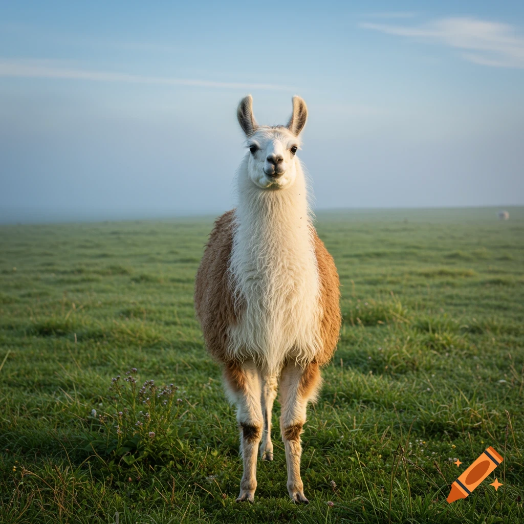 A photorealistic llama stands in a misty green field under a clear blue sky.