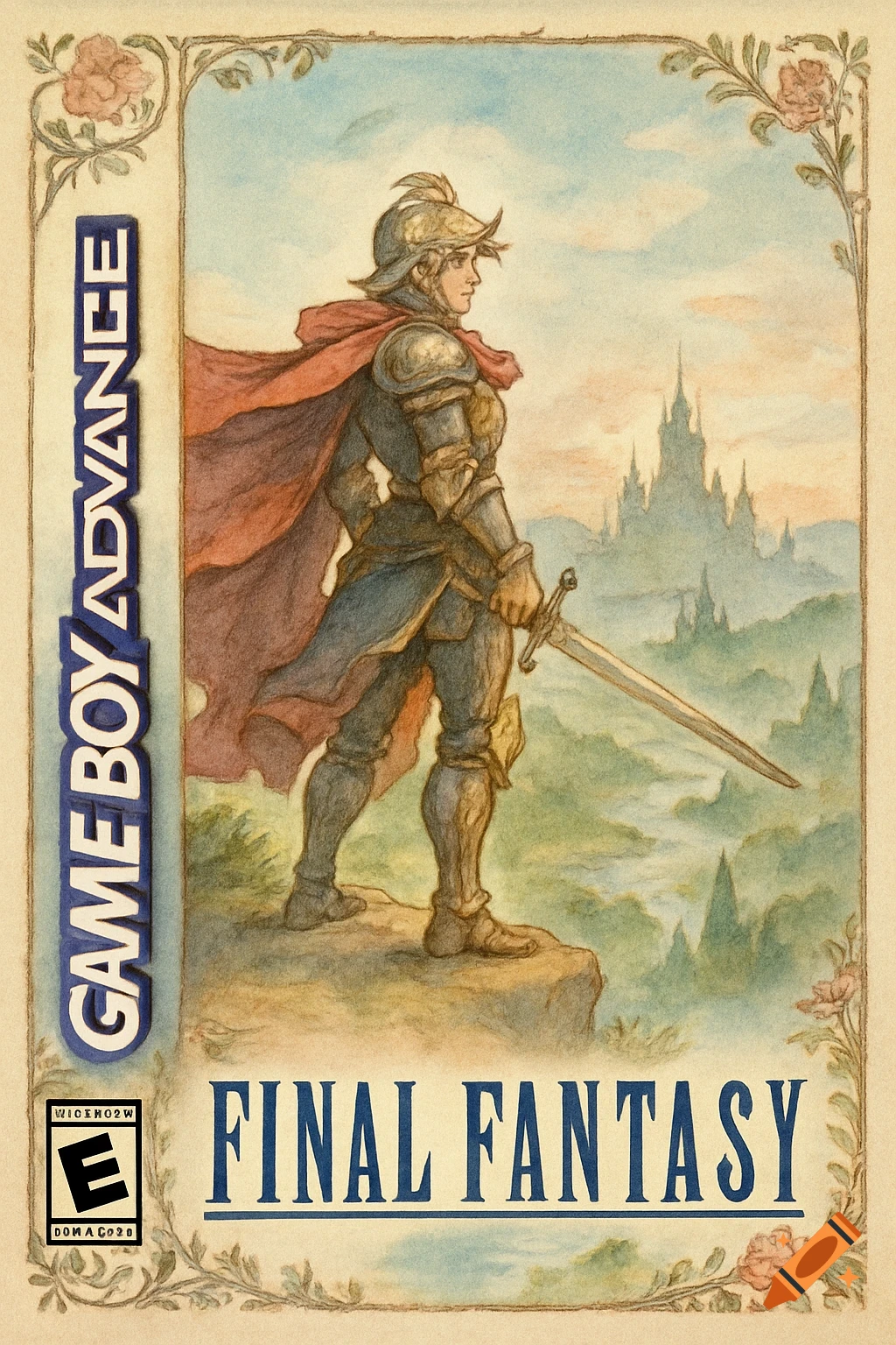 Watercolor-style GBA box art features a knight in armor holding a sword, gazing at a distant castle. Text reads "GAME BOY ADVANCE" and "FINAL FANTASY".