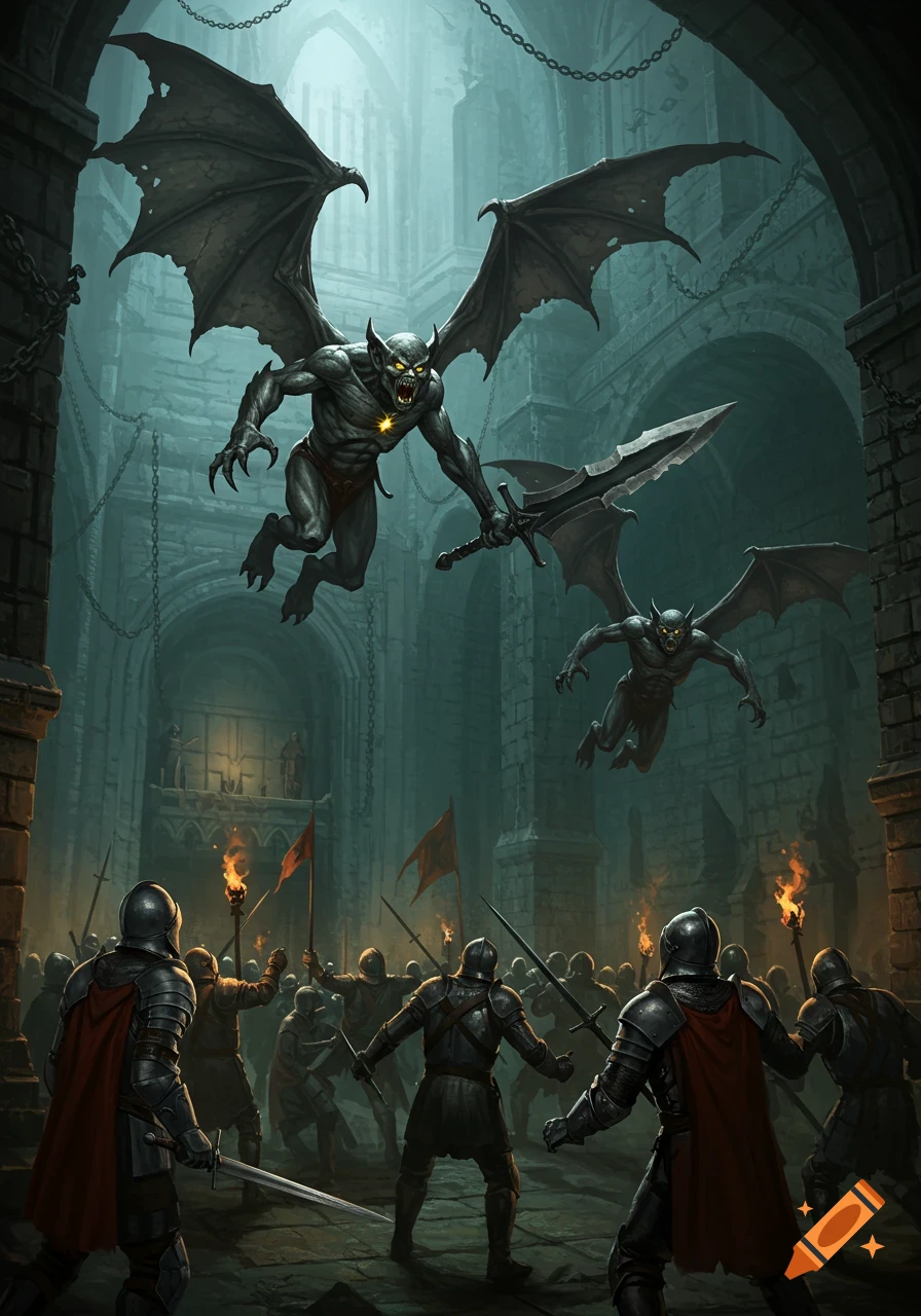 Two winged gargoyles, one wielding a large sword, descend upon a group of armored knights in a dark, gothic dungeon.