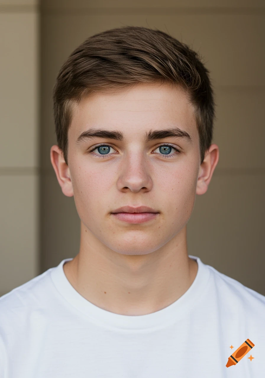 Close-up photorealistic portrait of a young man with brown hair and striking blue eyes, wearing a white t-shirt.