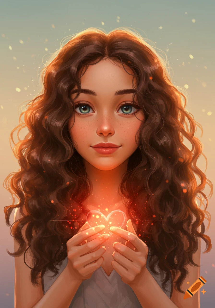 Digital art portrait of a young woman with curly brown hair and green eyes, holding a glowing, sparkly heart.