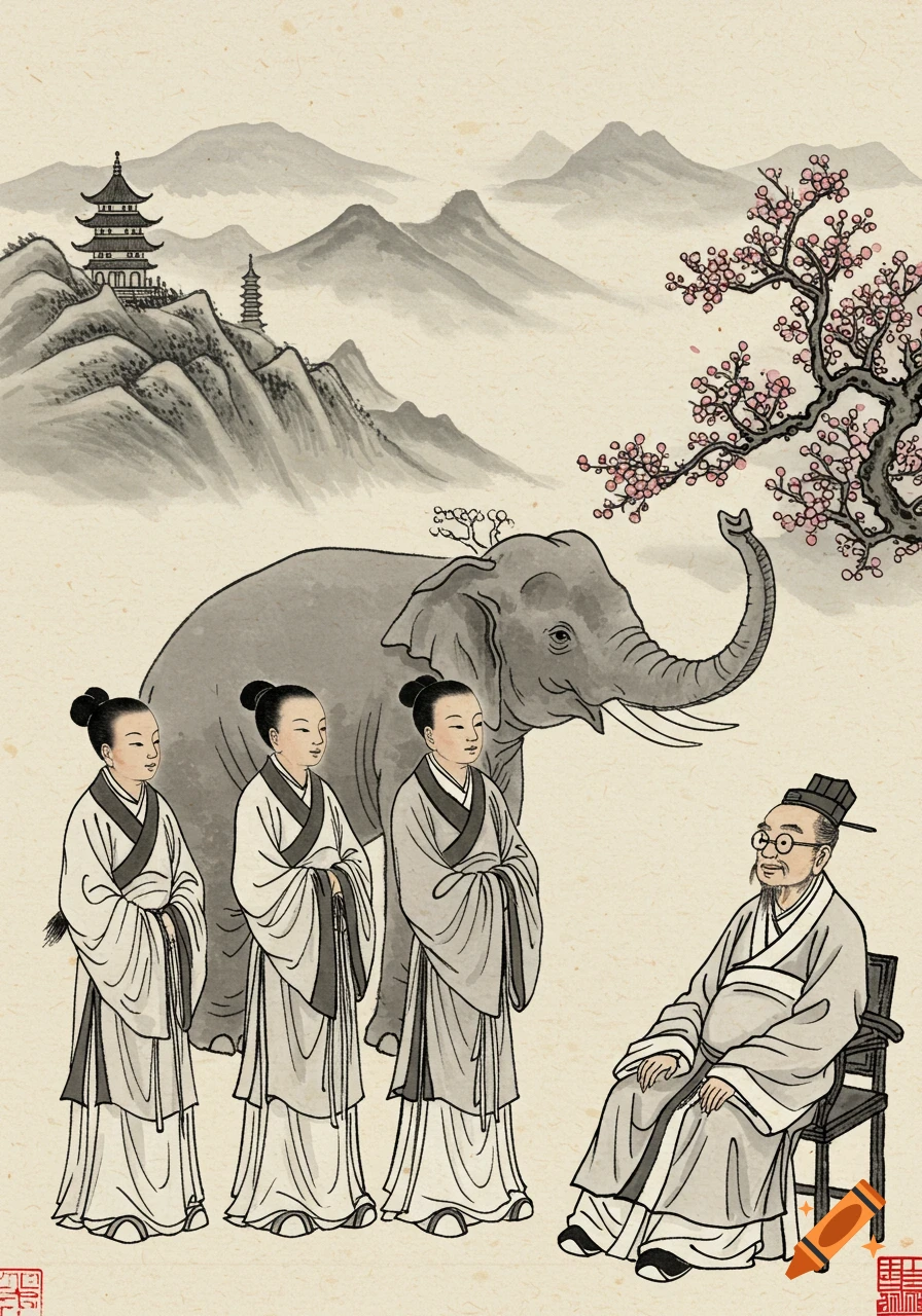 A traditional Chinese ink wash painting depicts three standing figures and an old man sitting, with an elephant and a cherry blossom tree. In the background are mountains and pagodas.