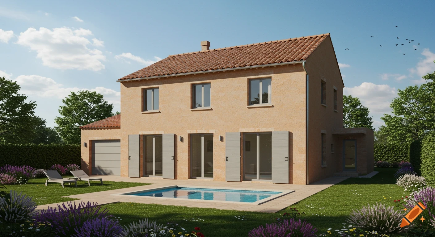 Photorealistic two-story house with terracotta roof, light walls, attached garage, patio, small pool, and lush garden under blue sky.