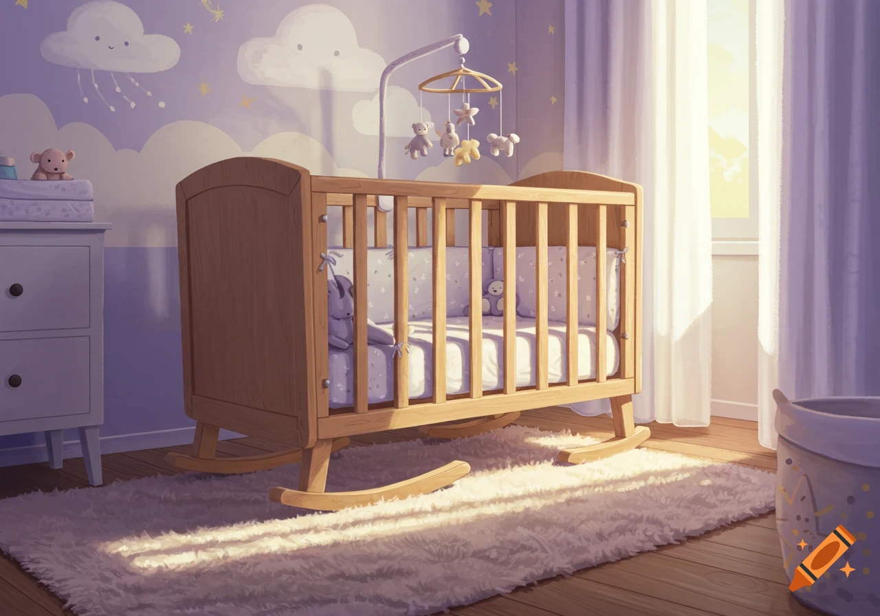 An illustration of a cozy baby nursery with a wooden crib, mobile, plush rug, and cloud wallpaper, bathed in sunlight.