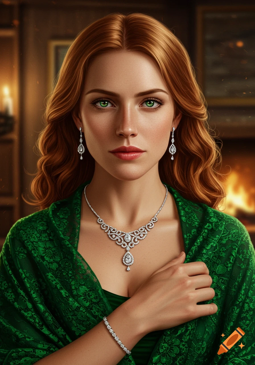 Photorealistic portrait of a woman with red hair and green eyes, wearing a green shawl, diamond necklace, earrings, and bracelet.
