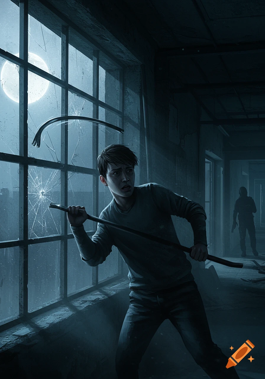 A scared young man holds a crowbar by a broken window in a dark, abandoned building, a full moon visible outside.