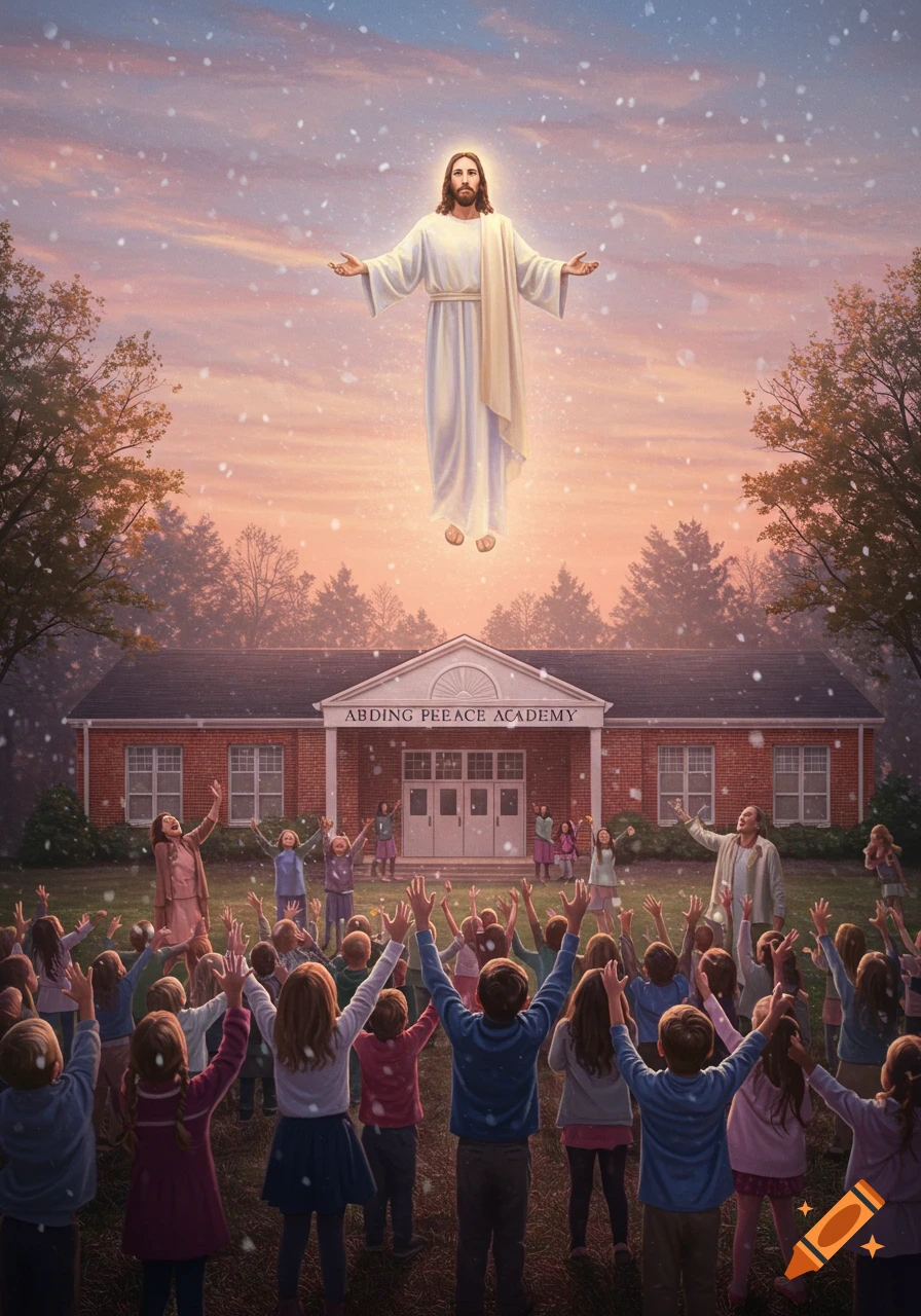 An illustration of Jesus floating above a school building, with children and adults looking up at him with raised arms.