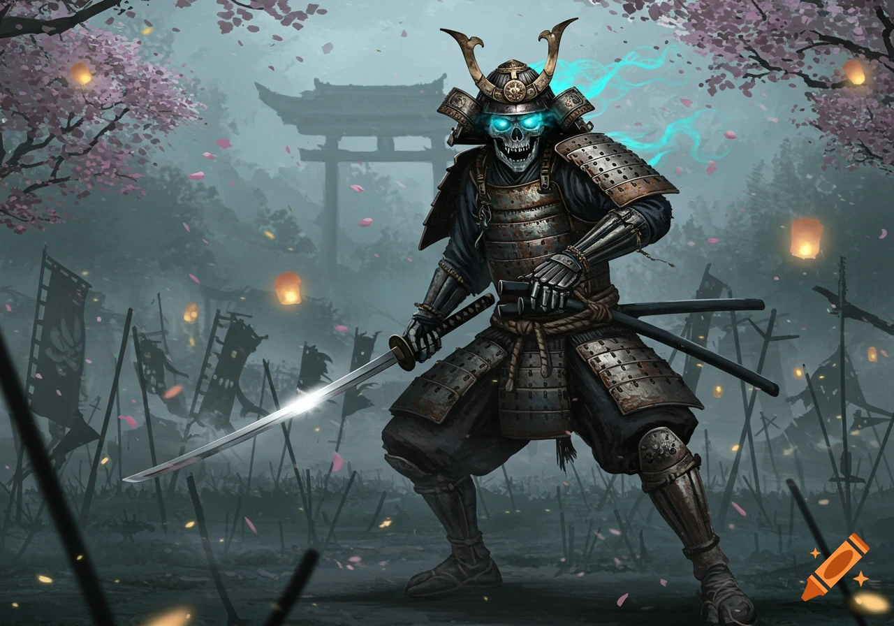 A skeleton samurai in ancient armor with glowing blue eyes holds a katana, standing in a misty field with cherry blossoms, lanterns, and banners.