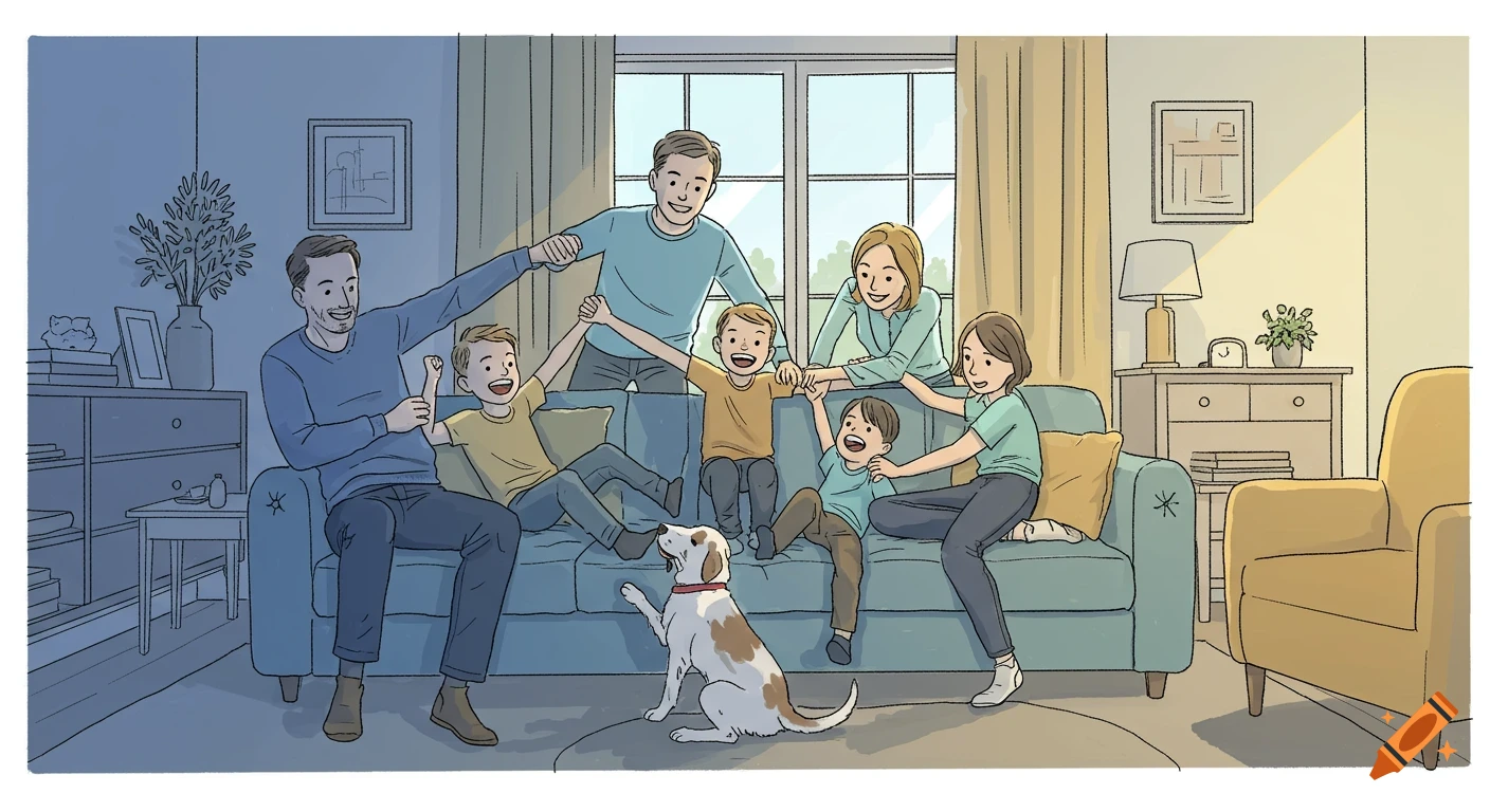 Hand-drawn comic-style illustration of a joyful family with three children and a dog playing on a sofa in a bright living room.