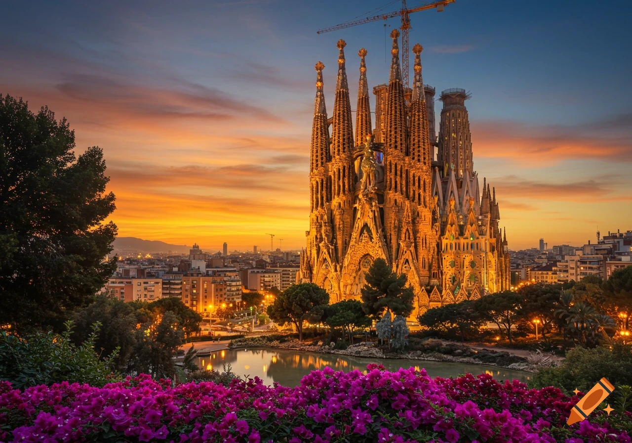 Sagrada Familia church in Barcelona at sunset, with a vibrant orange sky, city lights, and purple flowers in the foreground.