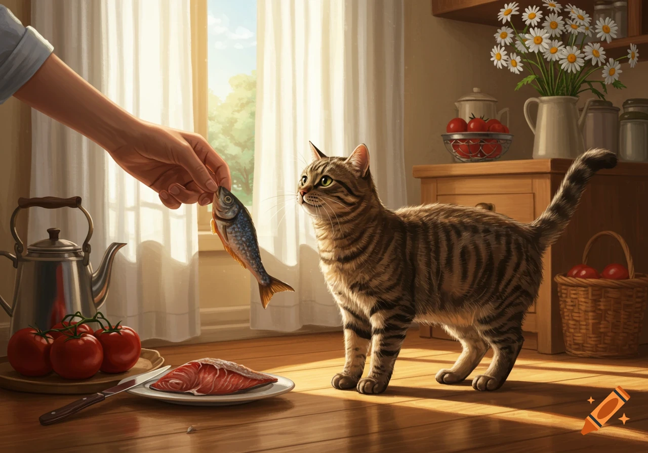 A human hand offers a small whole fish to a striped tabby cat in a sunlit kitchen with a salmon fillet and tomatoes on the counter.