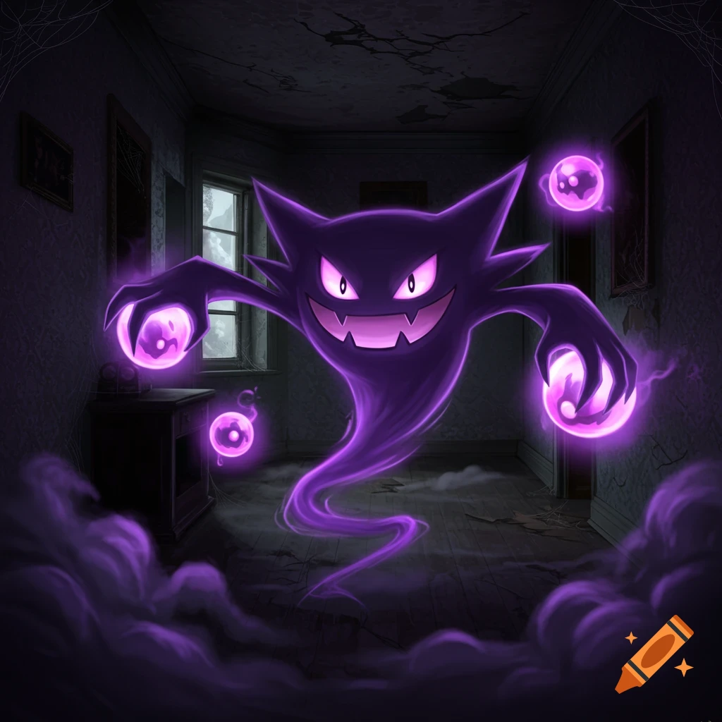 A purple Haunter, a ghost Pokémon, floats in a dark, abandoned room, surrounded by glowing purple orbs.