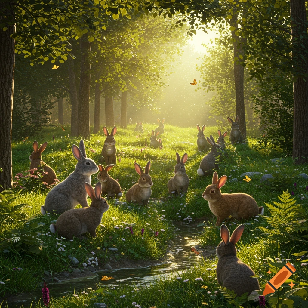 Many rabbits gather in a sun-drenched, lush green forest with a small stream, photorealistic style.