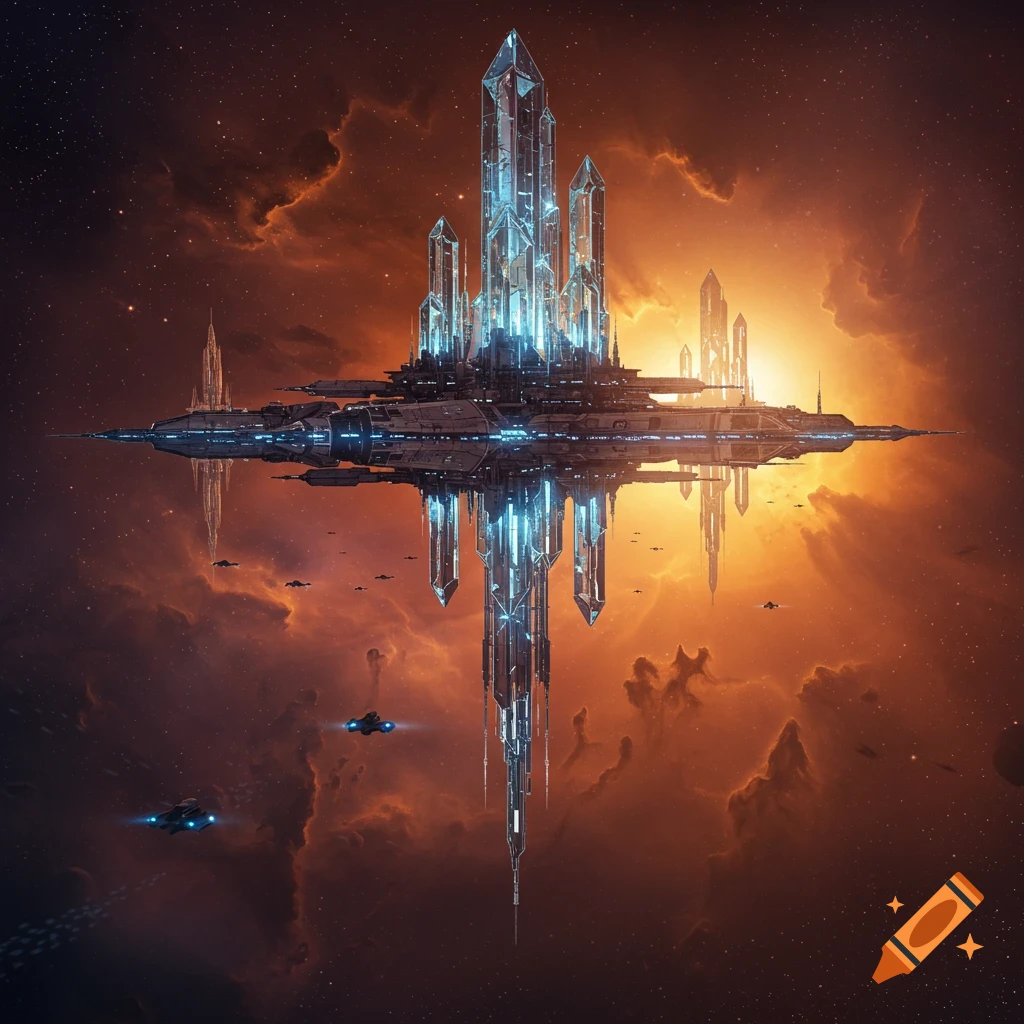 A majestic futuristic crystal city-spaceship floats in a vibrant orange and purple nebula in space, reflecting below it.