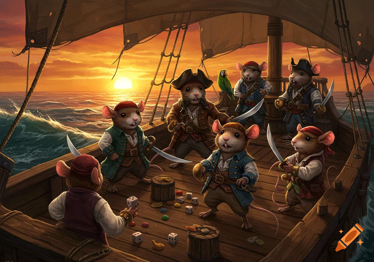 Anthropomorphic pirate mice on a ship at sunset, some holding swords, one rolling dice. Illustrated.