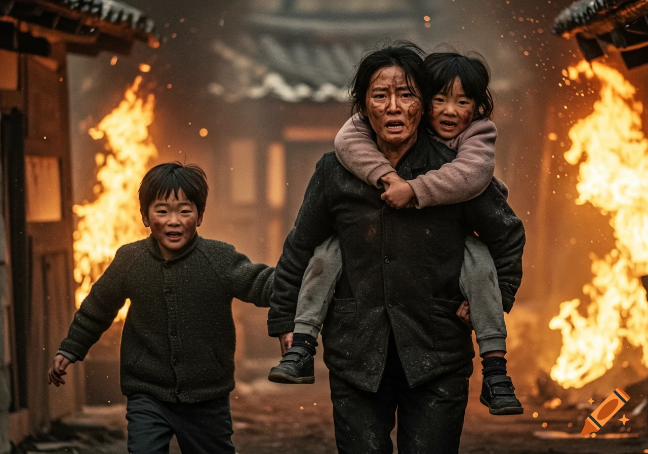 Woman carrying a child on her back, holding another's hand, fleeing a burning residential area. Photorealistic.