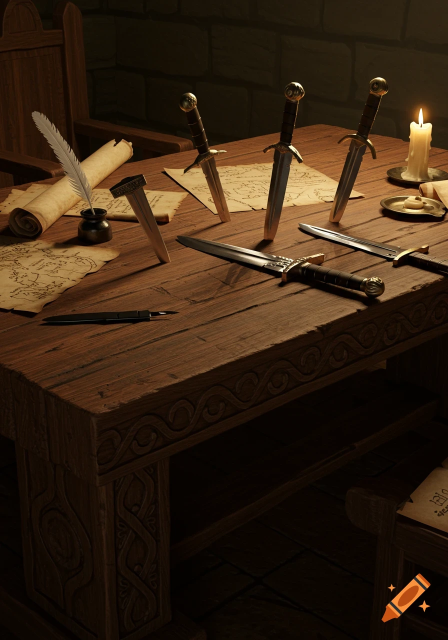 A medieval-style wooden table with maps, a quill, an inkwell, and several daggers stabbed into the surface, lit by candlelight.