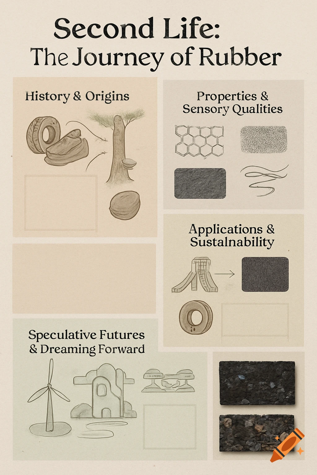 A digital material atlas panel about recycled rubber, with sections on history, properties, applications, and futures, featuring illustrations and textures.