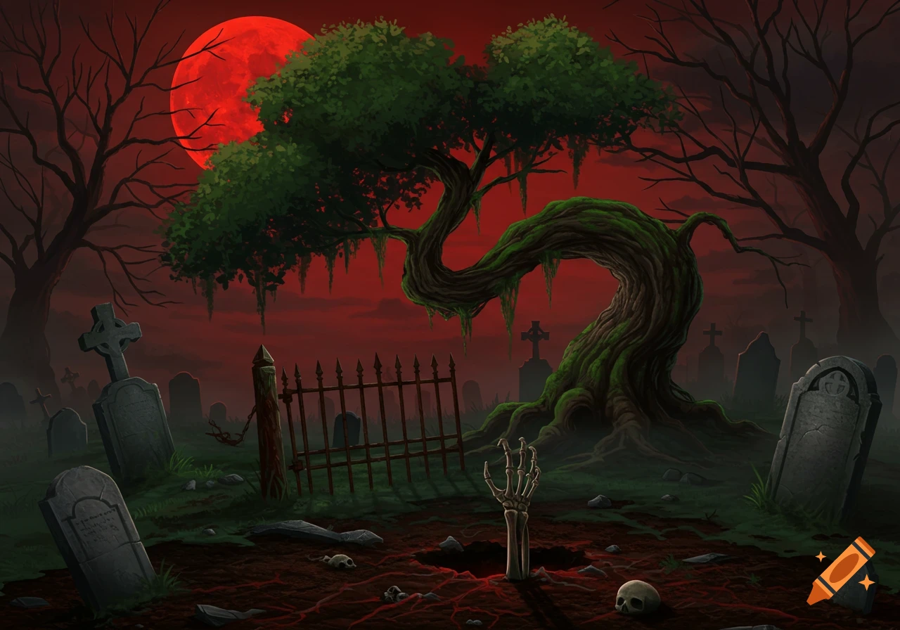 Eerie graveyard under a blood moon with a crooked mossy tree, gravestones, and a skeleton hand emerging from the earth.