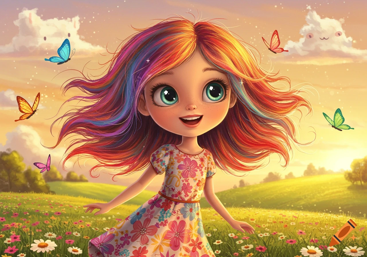 A joyful cartoon girl with rainbow hair in a floral dress runs through a sunny wildflower field with colorful butterflies.
