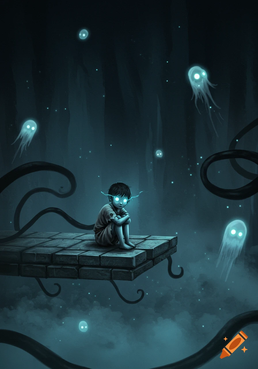 A lonely child with glowing eyes sits on a stone platform in a dark, misty abyss, surrounded by floating glowing creatures and dark tendrils.