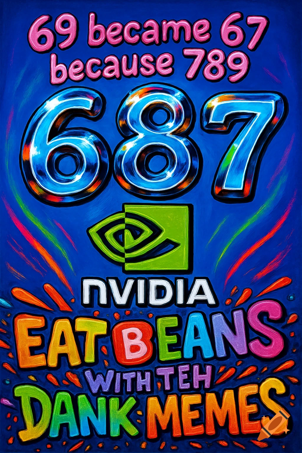 Colorful poster with numbers and text including '69 became 67 because 789', a blue '687', NVIDIA logo, and 'EAT BEANS WITH TEH DANK MEMES'.
