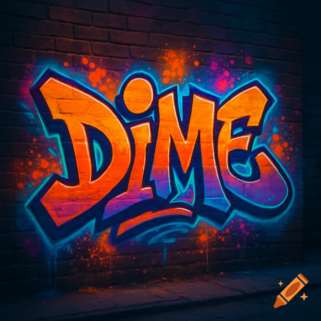 Vibrant orange and purple graffiti spelling 'DIME' on a dark brick wall, with neon blue outlines and spray paint splatters.