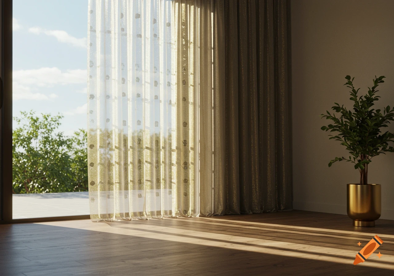 Photorealistic image of a sunlit room with wooden floors, sheer patterned curtains, and a potted plant in a gold planter.
