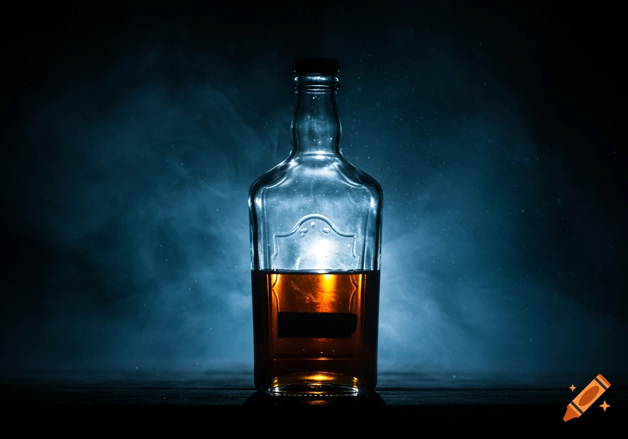 A moody, dimly lit photo of a clear glass liquor bottle, half-full with amber liquid, against a smoky blue-black background.