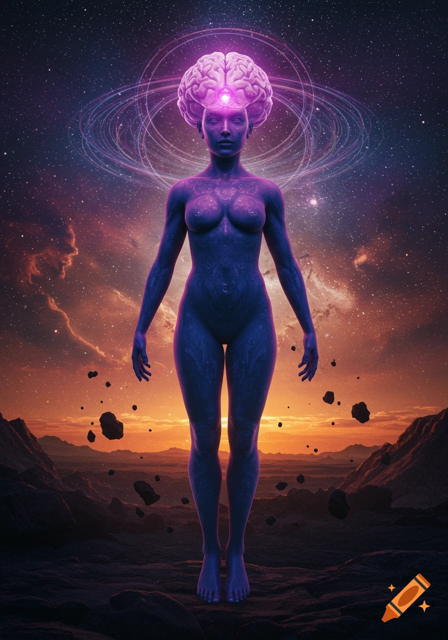 A stylized dark blue nude figure with a glowing brain for a head stands on a rocky alien planet under a starry cosmic sky.