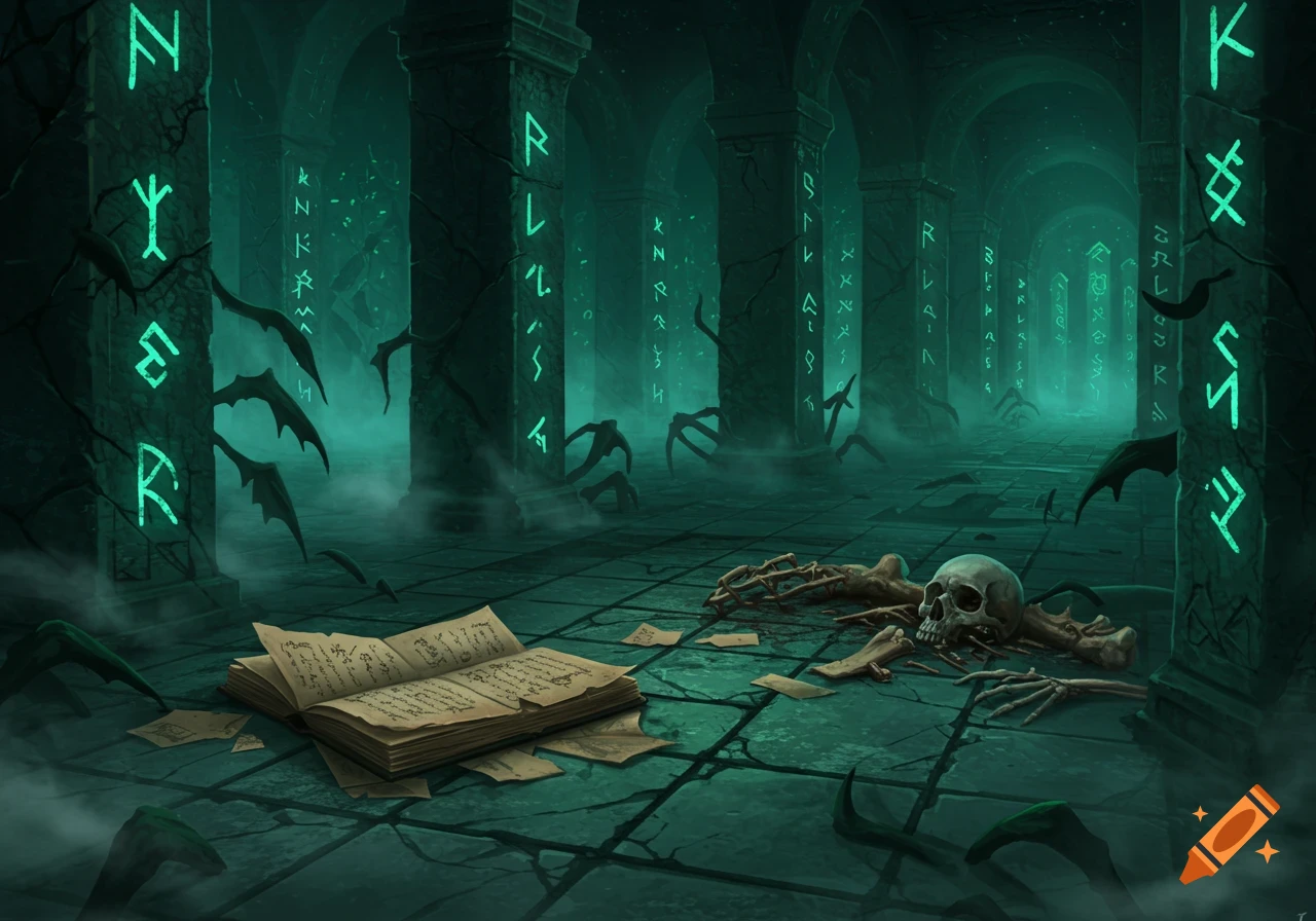 An eerie, dark fantasy art scene of a misty labyrinth with glowing runes on pillars, an open journal, a skull, and bones.