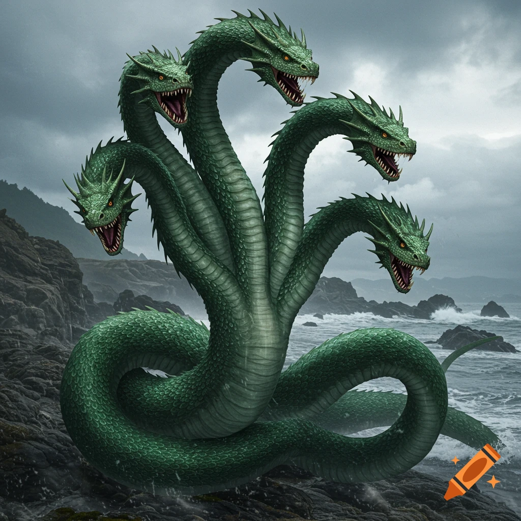 A photorealistic green hydra with five heads and glowing eyes coiled on a rocky coast with stormy seas and skies.