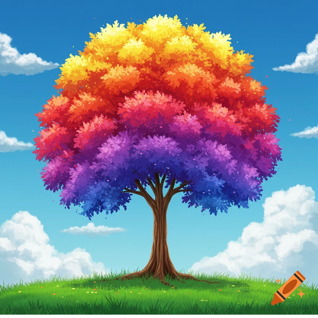 A stylized tree with rainbow-colored foliage stands on a green grassy hill under a bright blue sky with white clouds.
