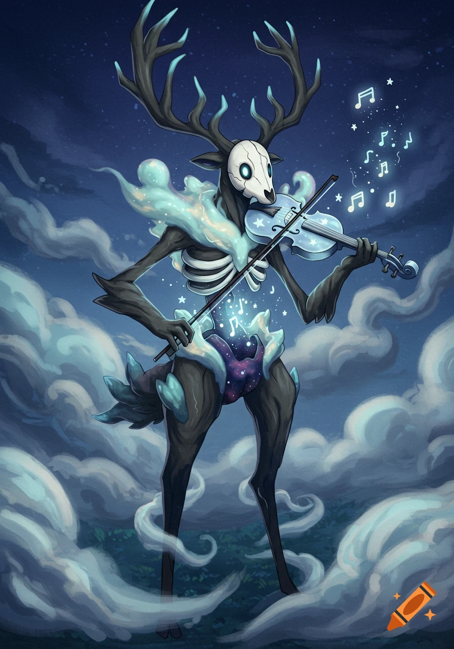A skeletal, stag-like creature with a skull mask plays a glowing violin amidst cosmic mist and stars in a dark sky.