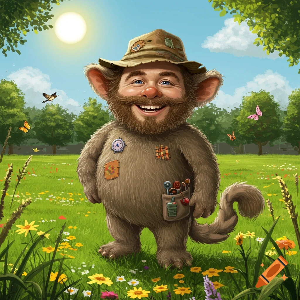 A smiling, furry, gnome-like creature with large ears and a beard wears a patched hat and tool belt in a sunny wildflower meadow.