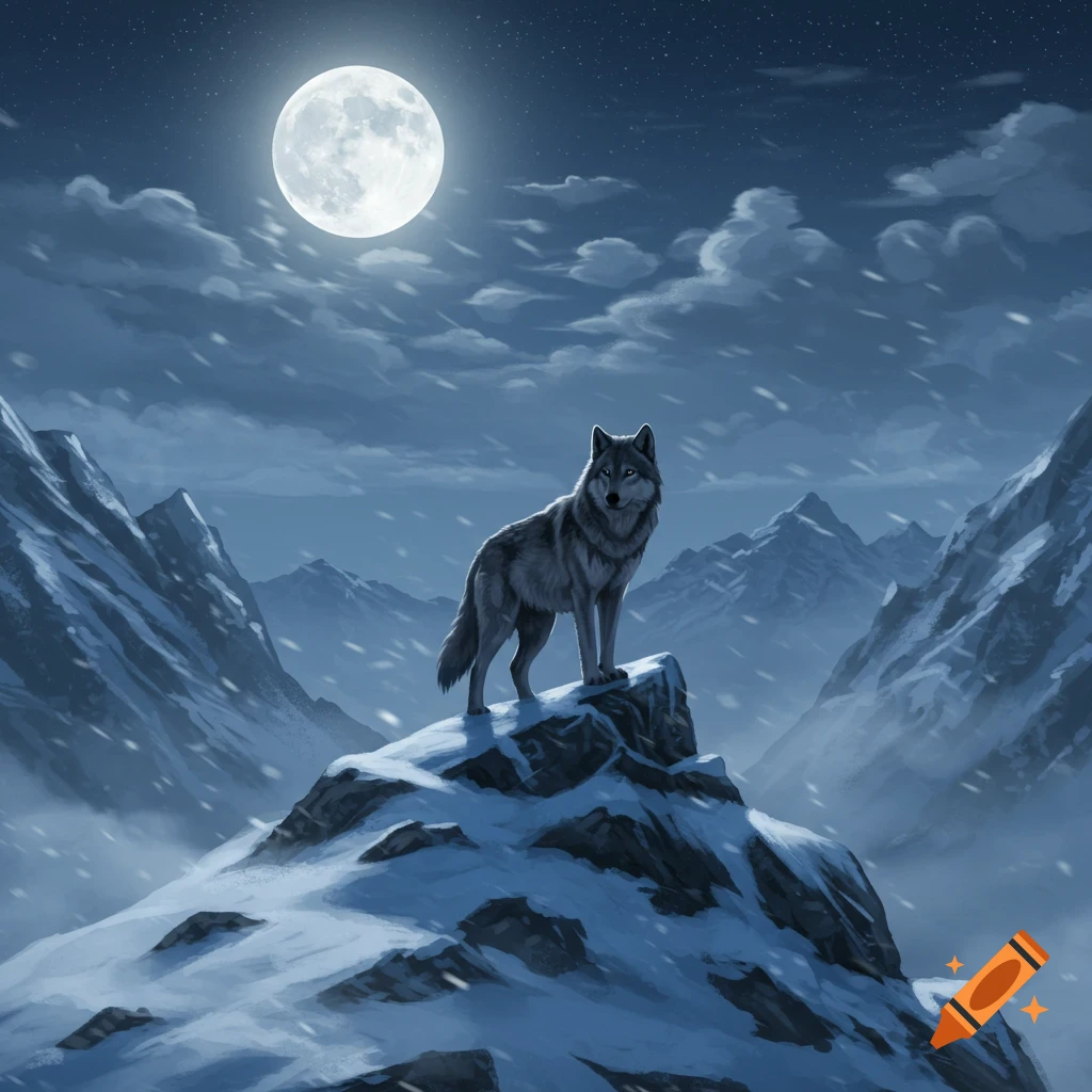 A gray wolf stands on a snowy mountain peak under a full moon and falling snow, with mountains in the background.
