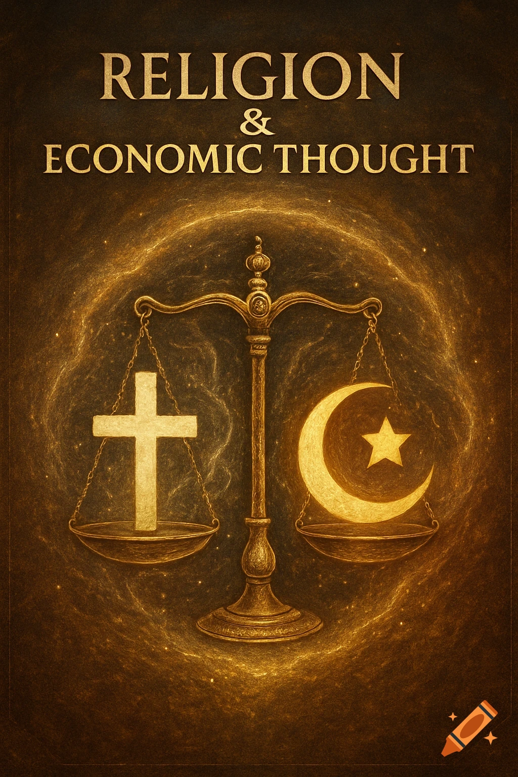 An ornate golden balance scale with a Christian cross on one side and an Islamic crescent and star on the other, set against a dark, cosmic background. Text reads "RELIGION & ECONOMIC THOUGHT".