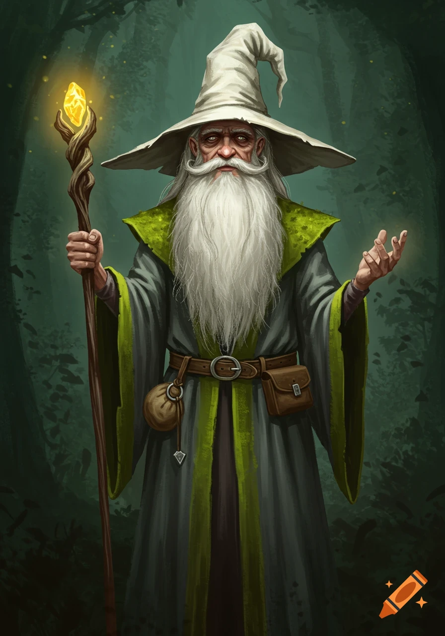 A detailed illustration of an old wizard with a long white beard, a tall white hat, a grey and green robe, holding a glowing staff in a dark forest.