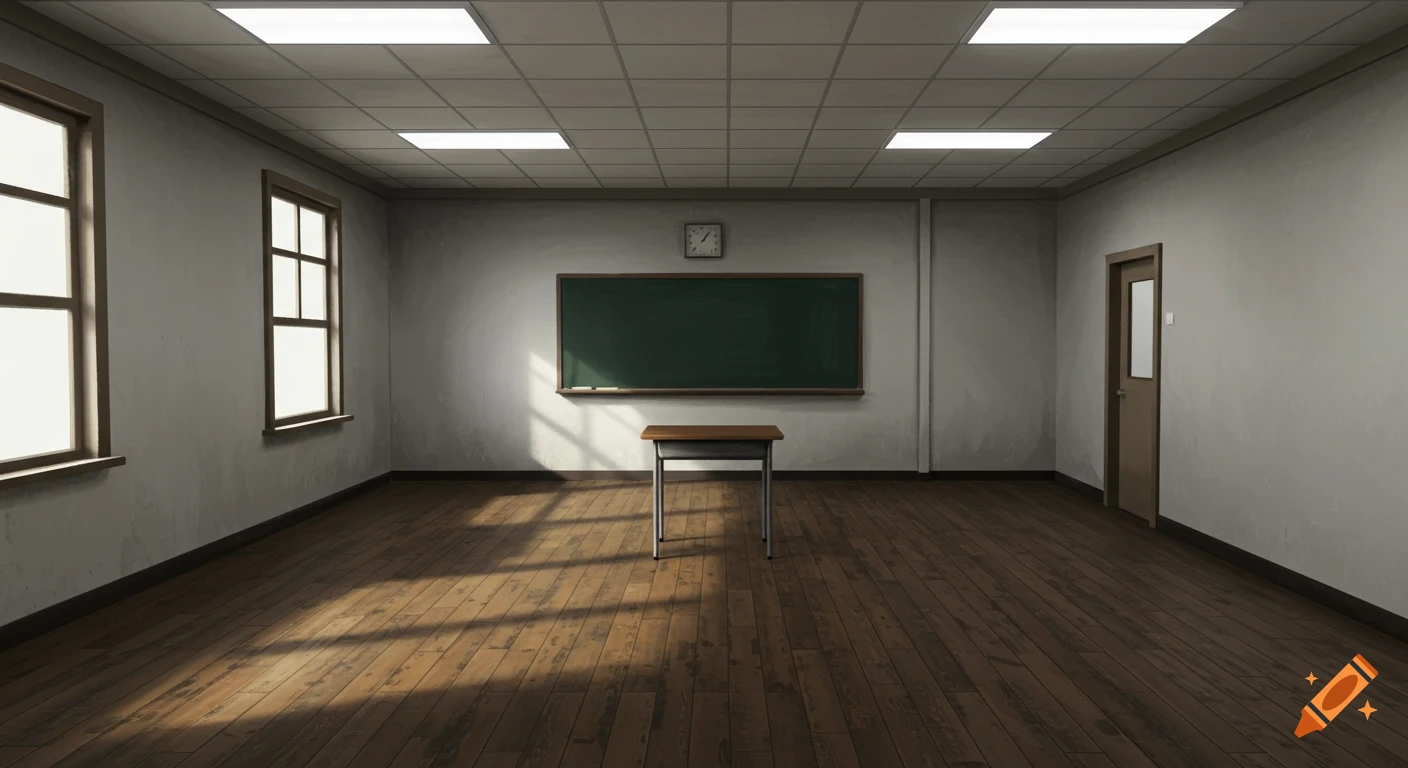An empty, brightly lit schoolroom with large windows, a blackboard, a clock, and a single desk, in an illustrative style.