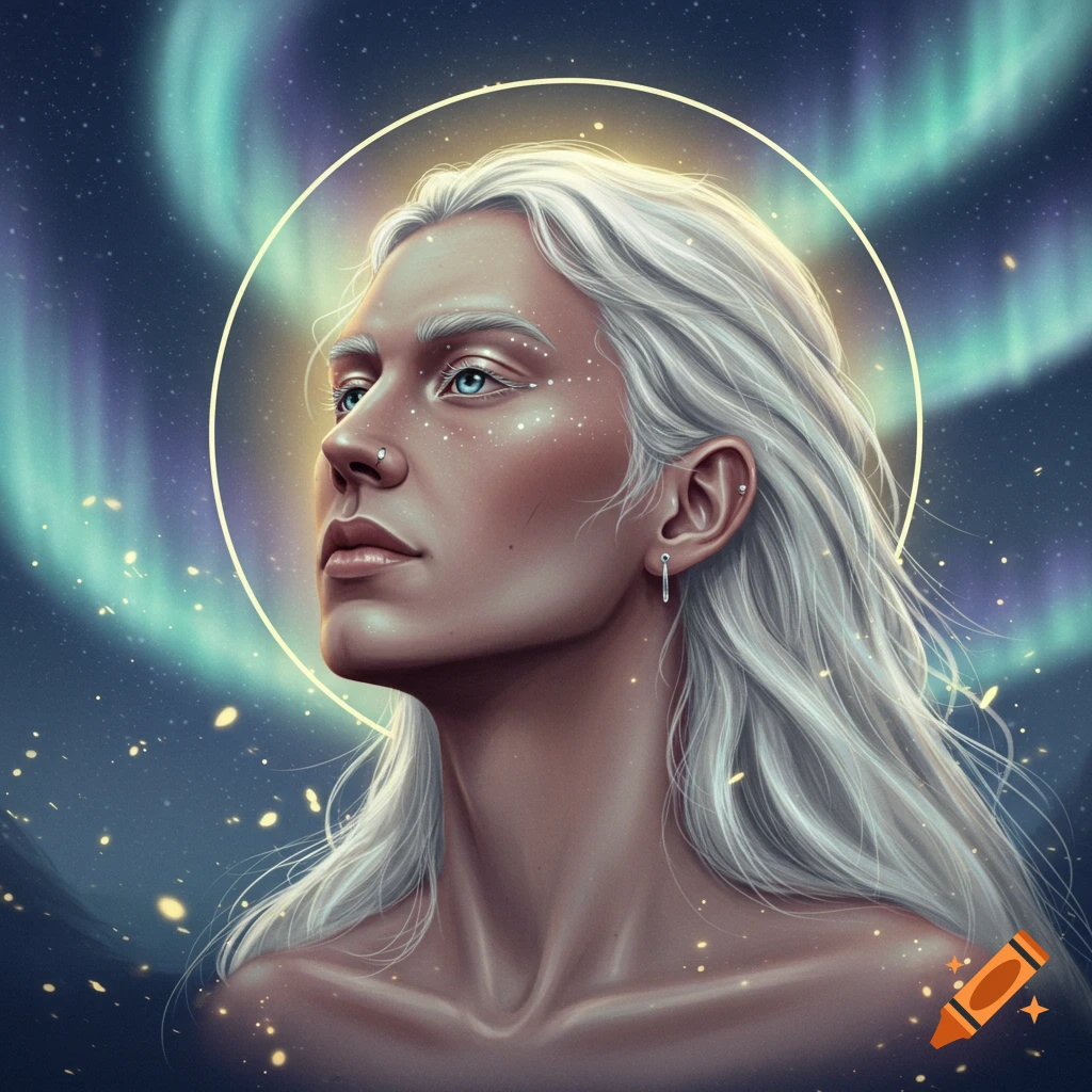 Digital art portrait of a person with long white hair, blue eyes, and glowing freckles, looking up under a vibrant aurora and golden halo.