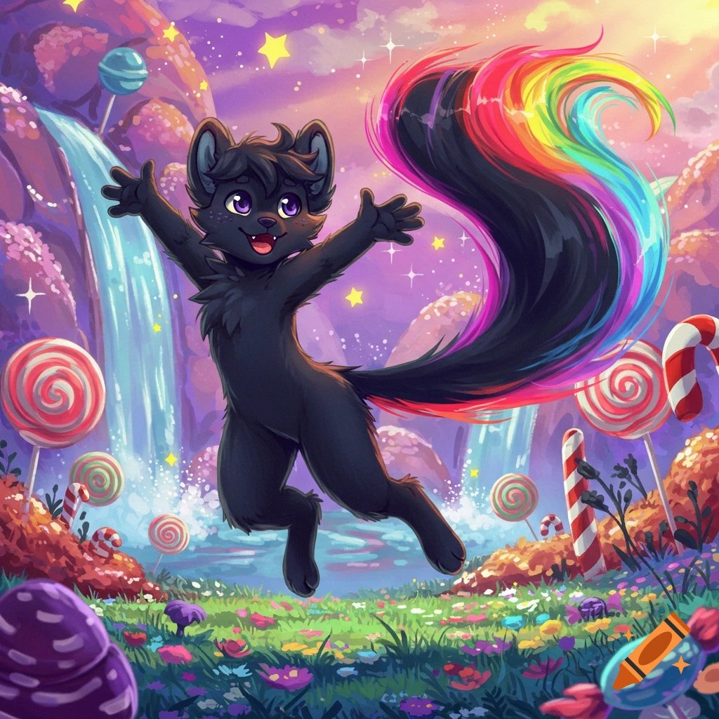 A black cartoon furry character with a rainbow tail jumps happily in a vibrant candy land with lollipops and waterfalls.