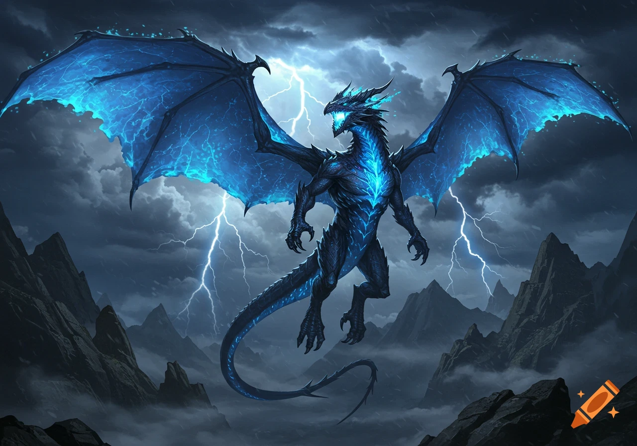 A powerful blue lightning dragon with glowing wings flies through a dark, stormy sky with bolts of lightning and jagged mountains below.