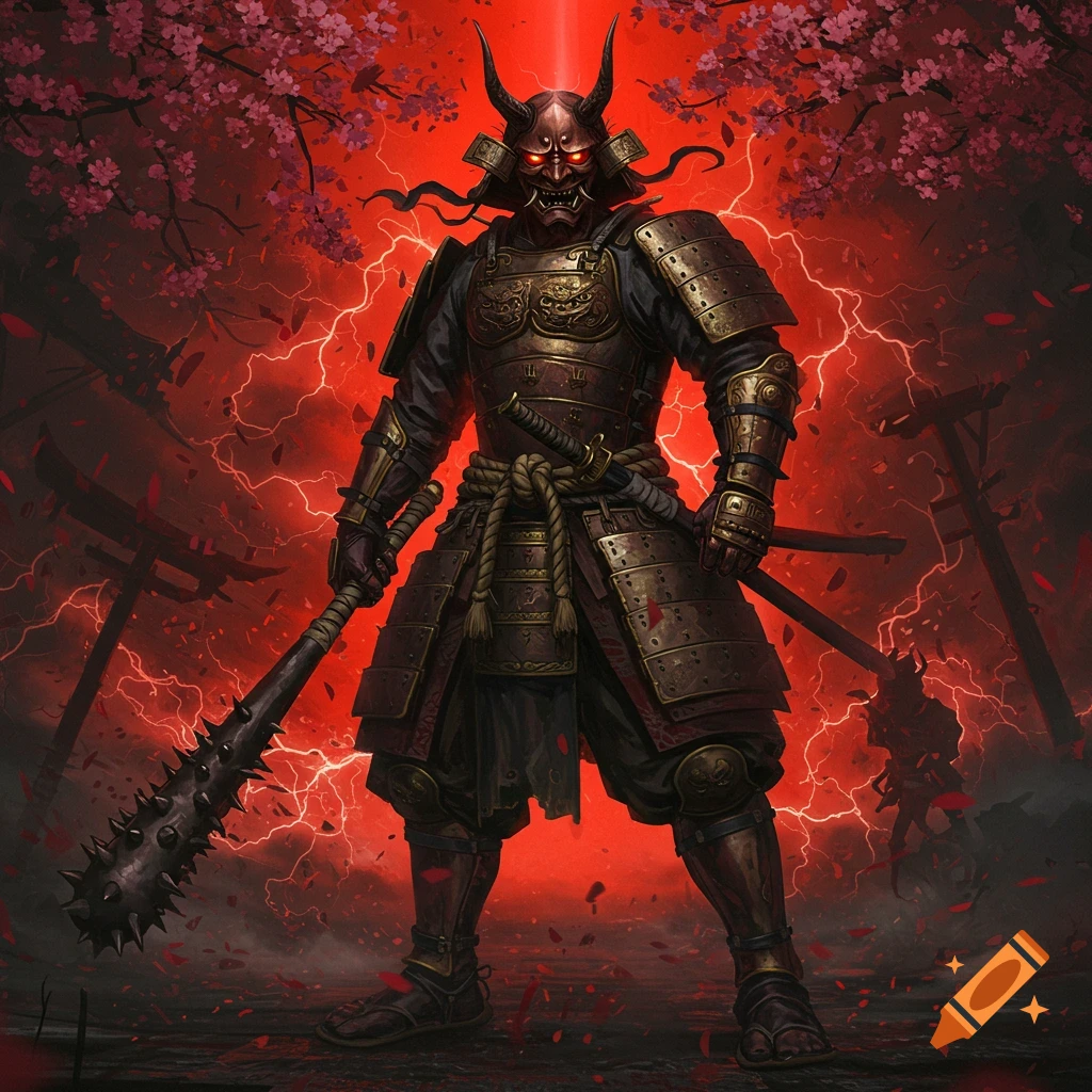 A formidable Oni in samurai armor with a horned mask, glowing red eyes, and spiked club stands amidst a fiery red lightning storm and cherry blossoms.
