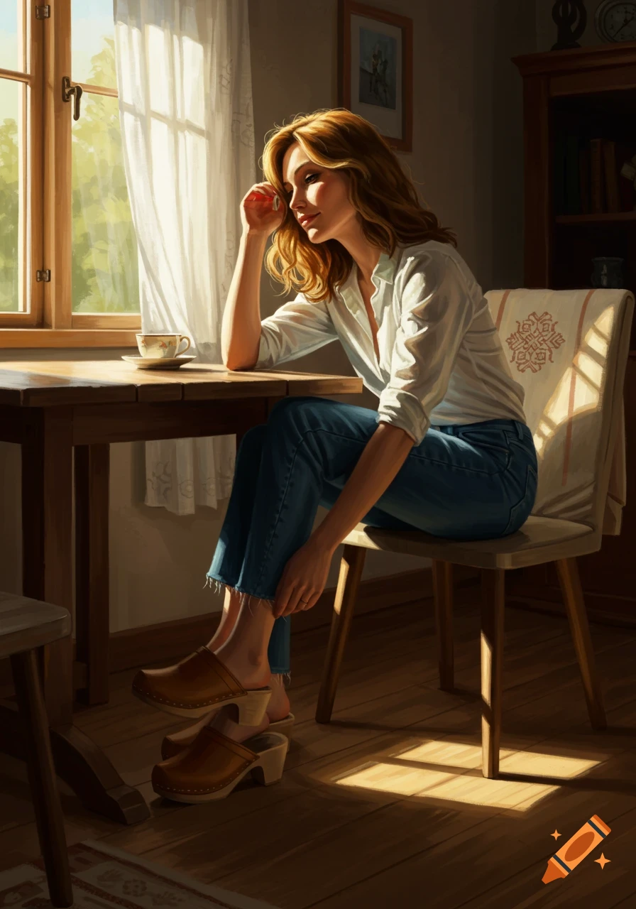 A woman in a white shirt and jeans sits at a wooden table, looking out a sunlit window. Clogs are on the floor.